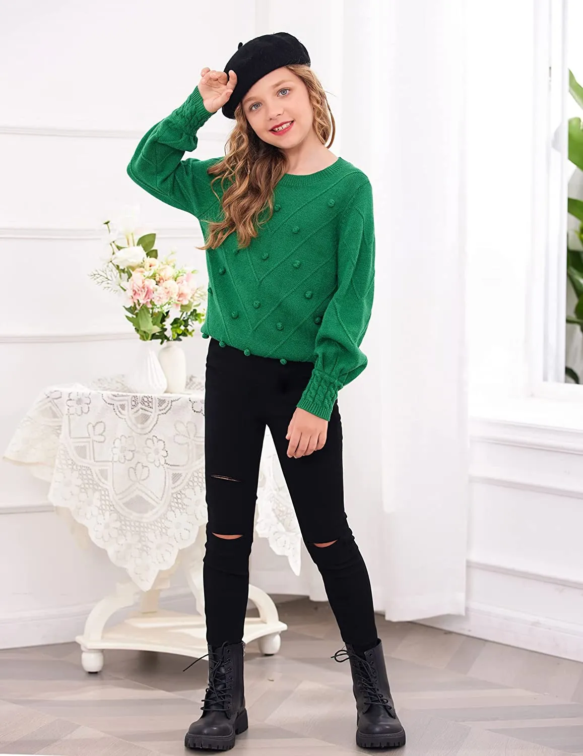 Arshiner Kid Girls Crew Neck Lantern Sleeve Sweater Jumper