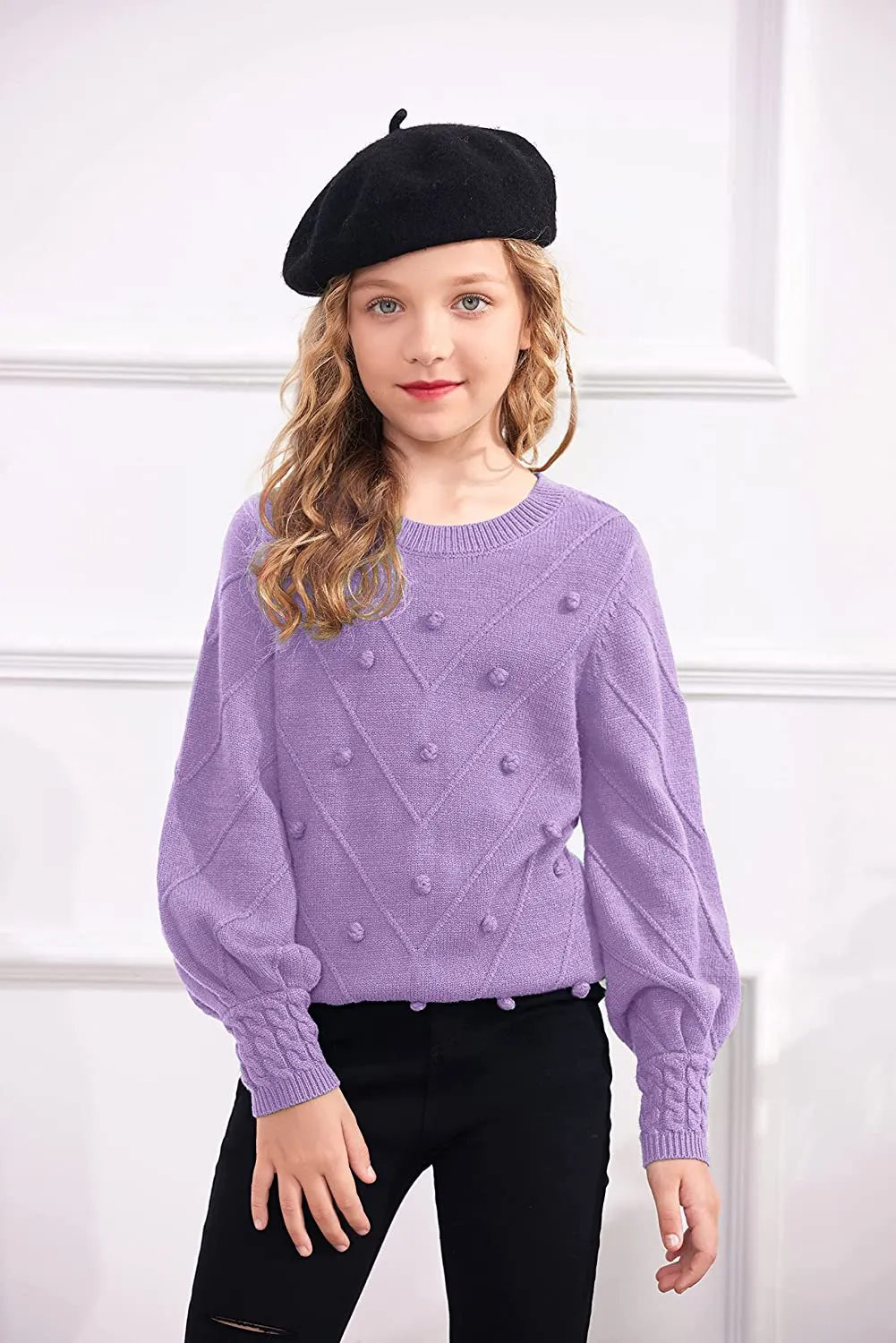 Arshiner Kid Girls Crew Neck Lantern Sleeve Sweater Jumper