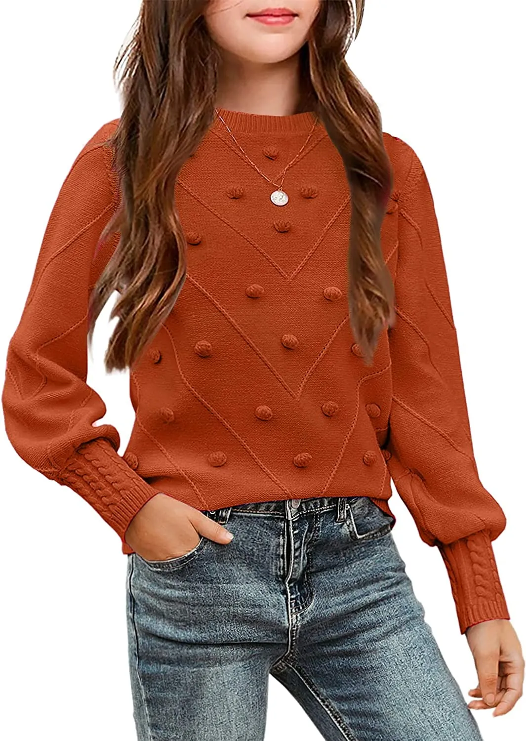 Arshiner Kid Girls Crew Neck Lantern Sleeve Sweater Jumper