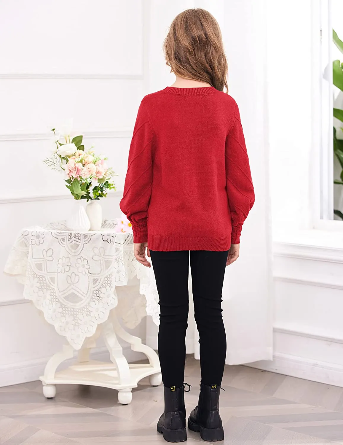 Arshiner Kid Girls Crew Neck Lantern Sleeve Sweater Jumper