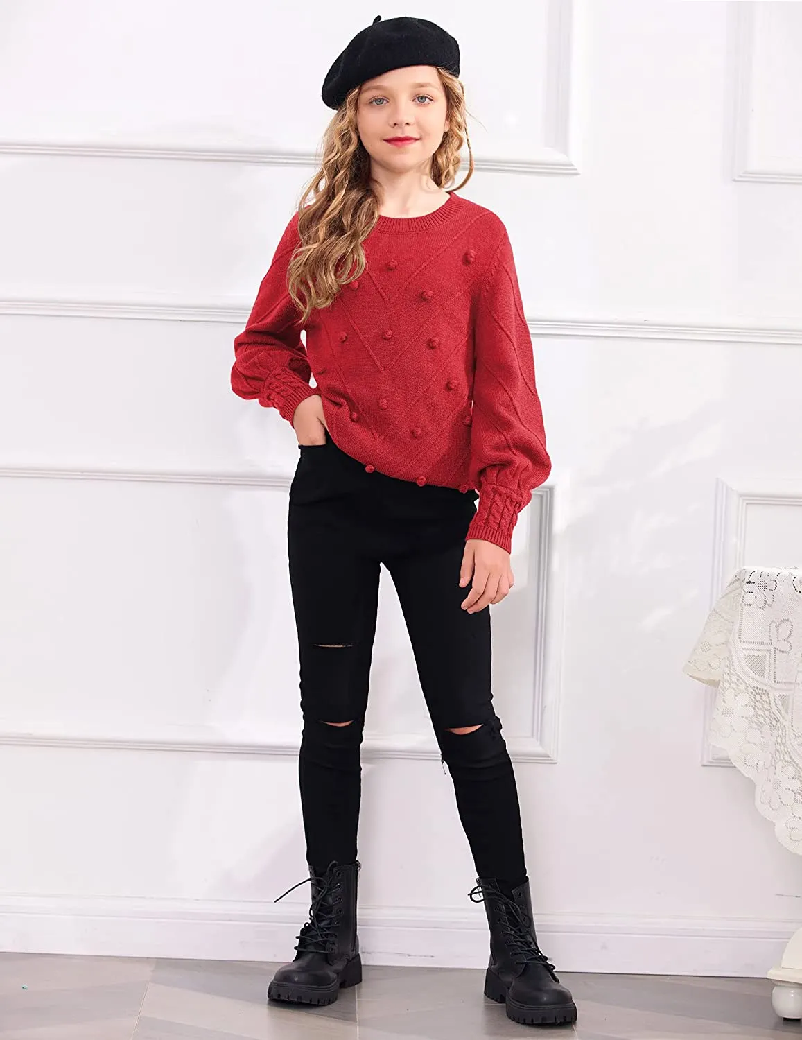 Arshiner Kid Girls Crew Neck Lantern Sleeve Sweater Jumper