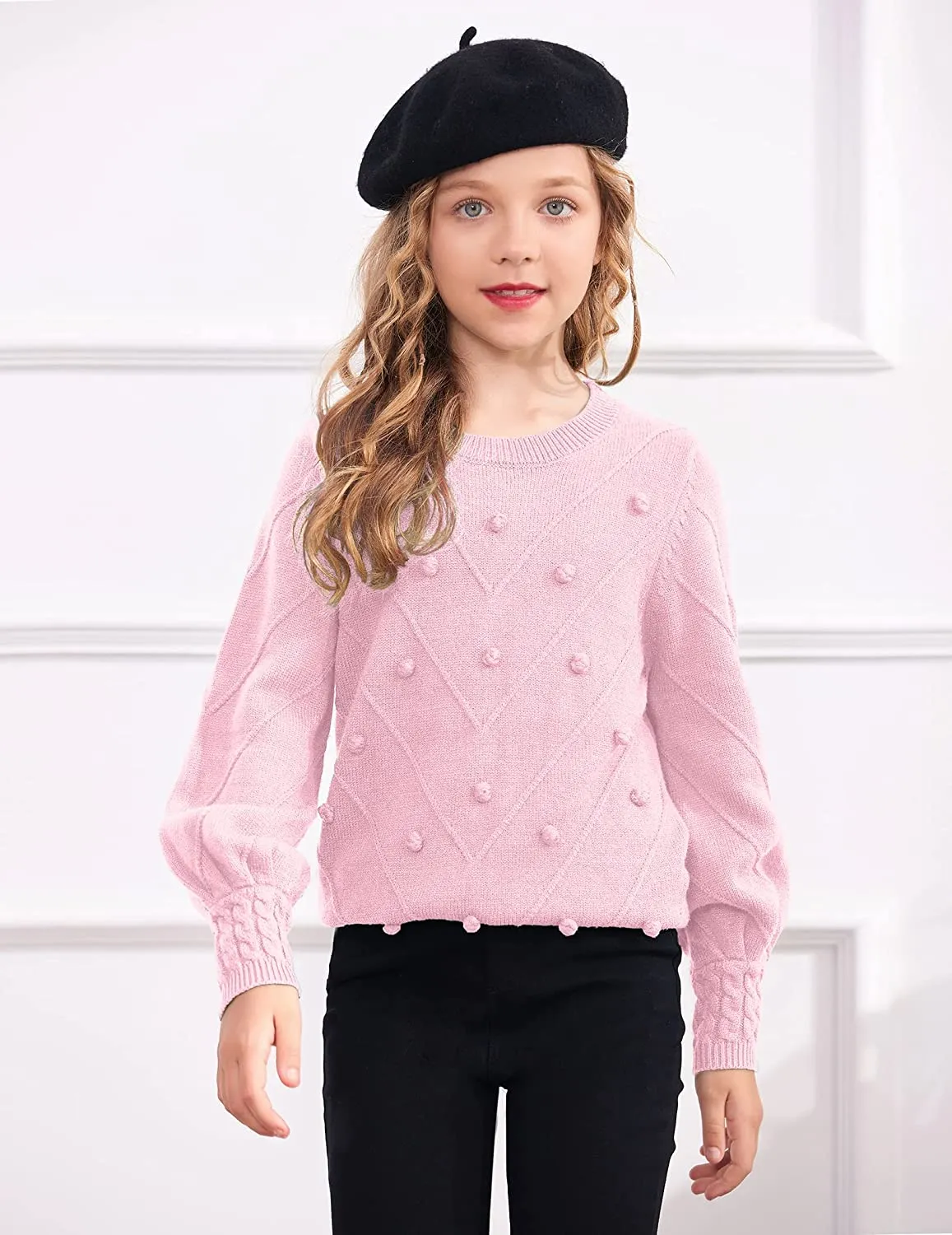 Arshiner Kid Girls Crew Neck Lantern Sleeve Sweater Jumper