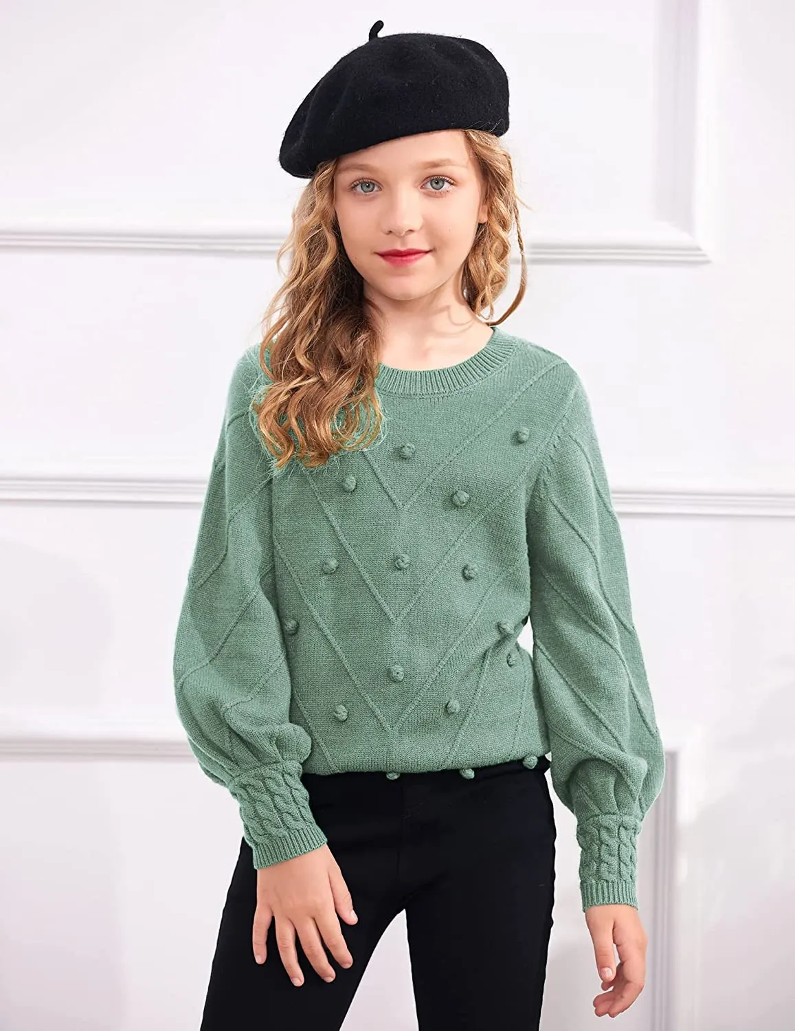 Arshiner Kid Girls Crew Neck Lantern Sleeve Sweater Jumper