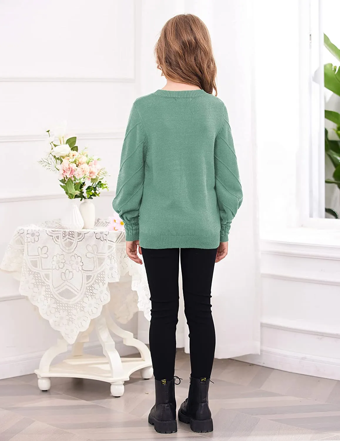Arshiner Kid Girls Crew Neck Lantern Sleeve Sweater Jumper