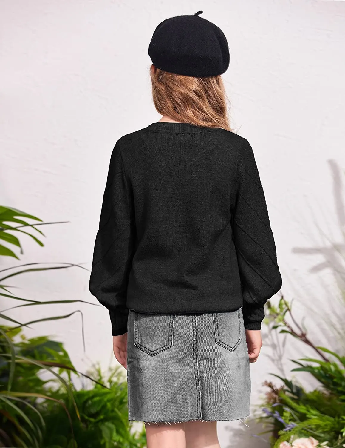 Arshiner Kid Girls Crew Neck Lantern Sleeve Sweater Jumper