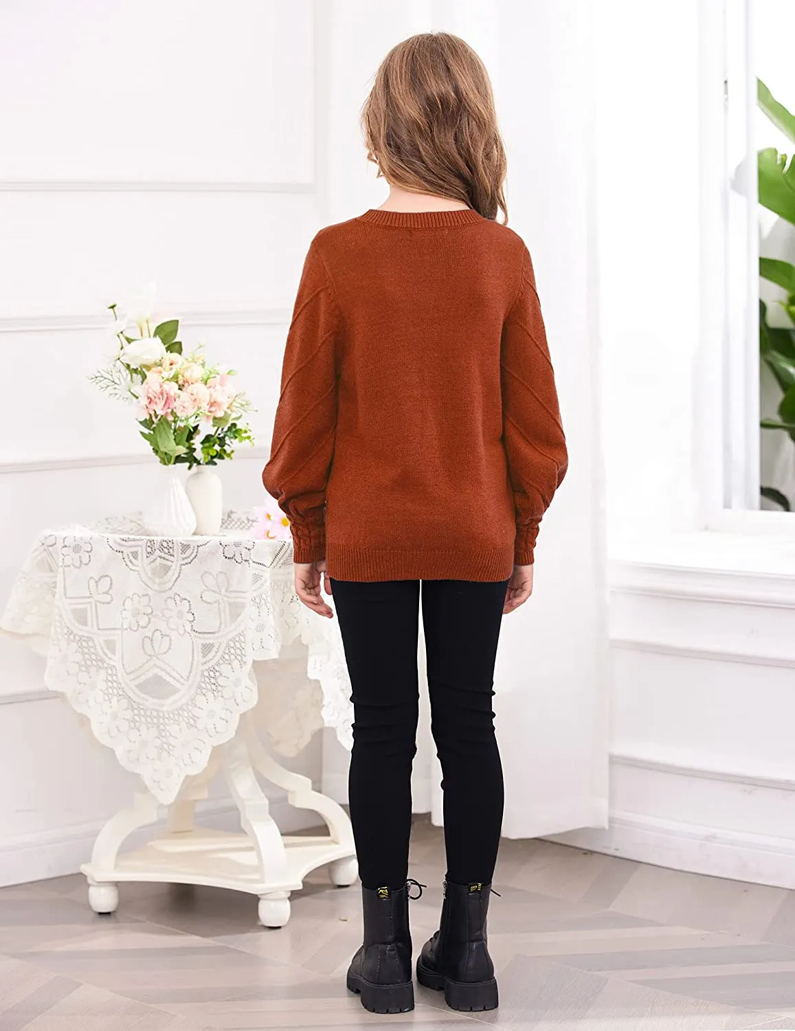 Arshiner Kid Girls Crew Neck Lantern Sleeve Sweater Jumper