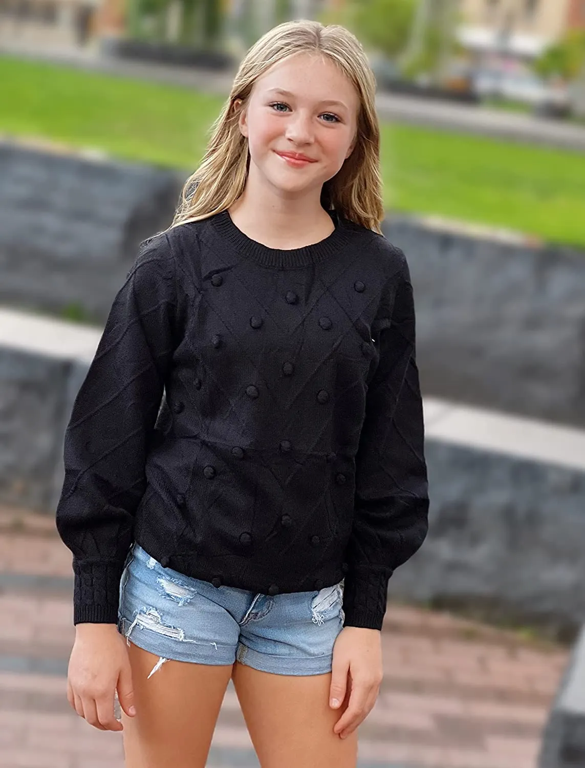 Arshiner Kid Girls Crew Neck Lantern Sleeve Sweater Jumper
