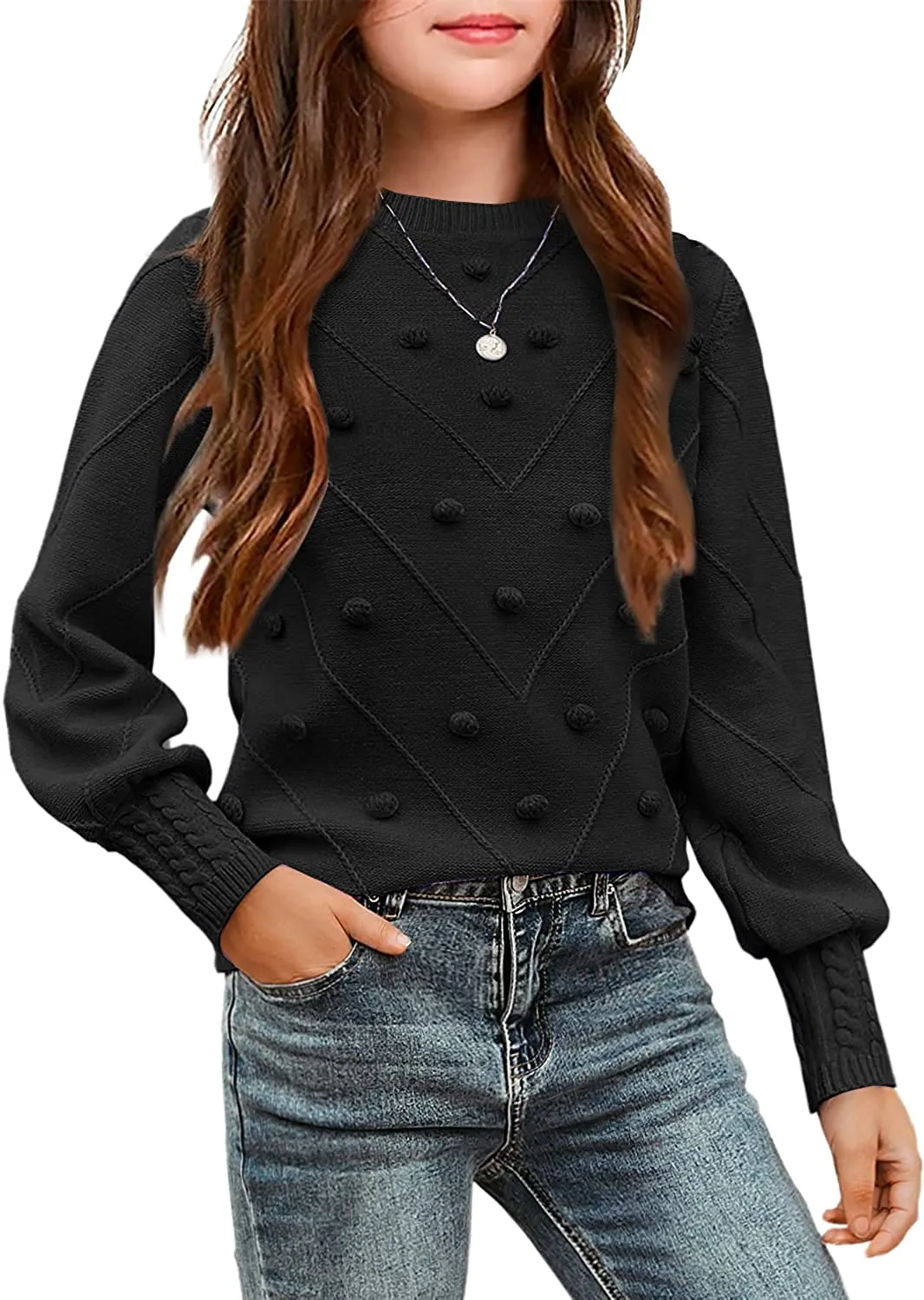 Arshiner Kid Girls Crew Neck Lantern Sleeve Sweater Jumper