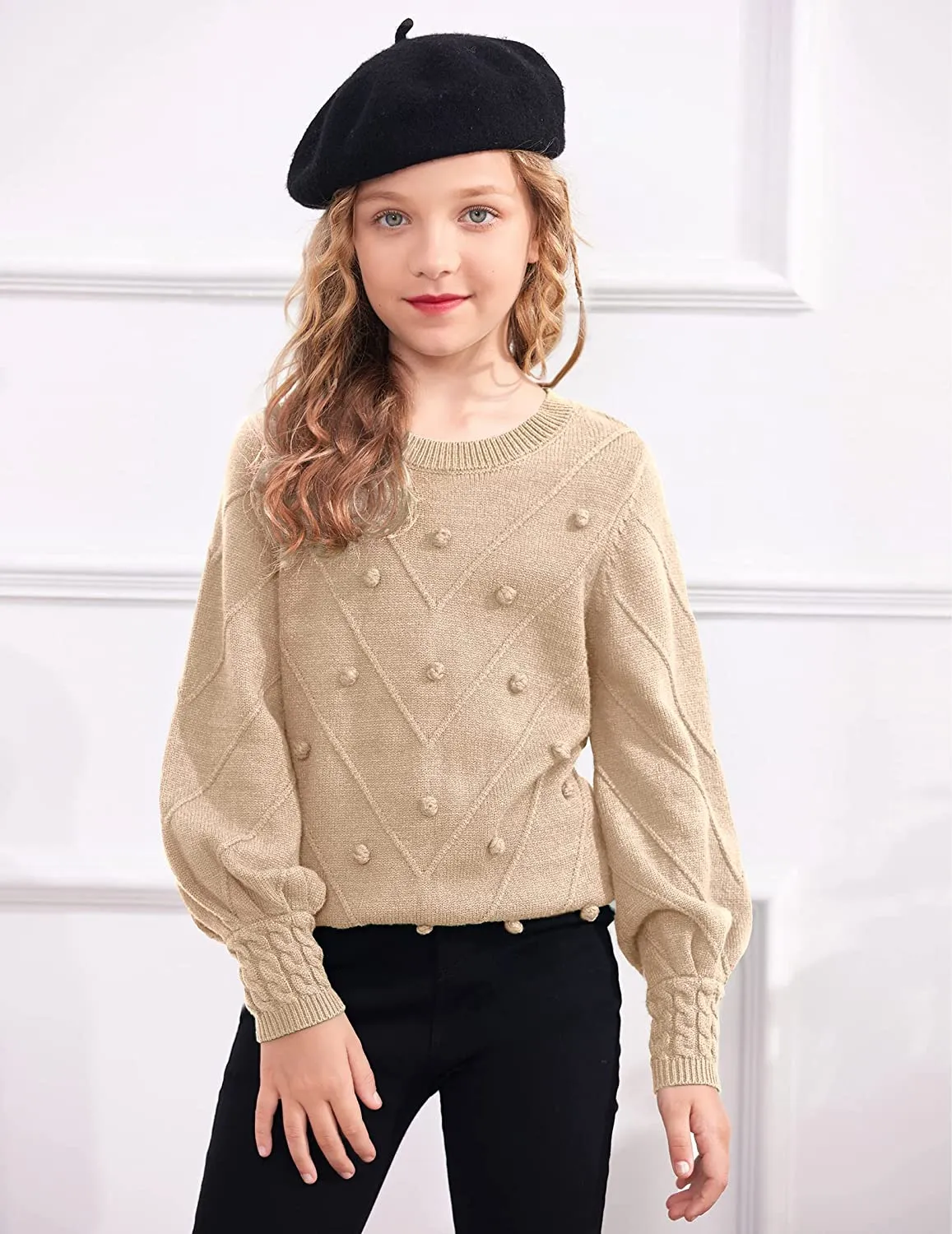 Arshiner Kid Girls Crew Neck Lantern Sleeve Sweater Jumper