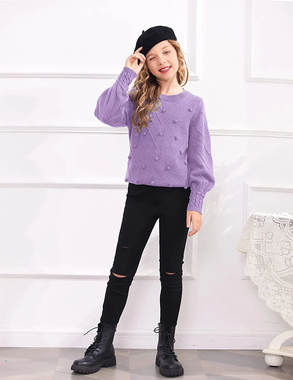 Arshiner Kid Girls Crew Neck Lantern Sleeve Sweater Jumper