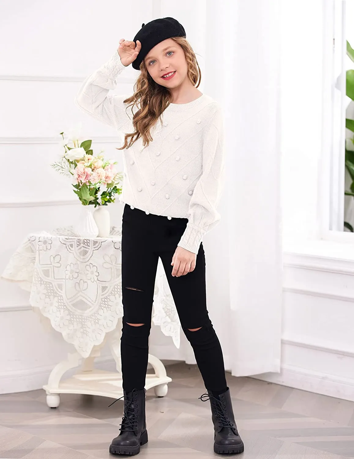 Arshiner Kid Girls Crew Neck Lantern Sleeve Sweater Jumper