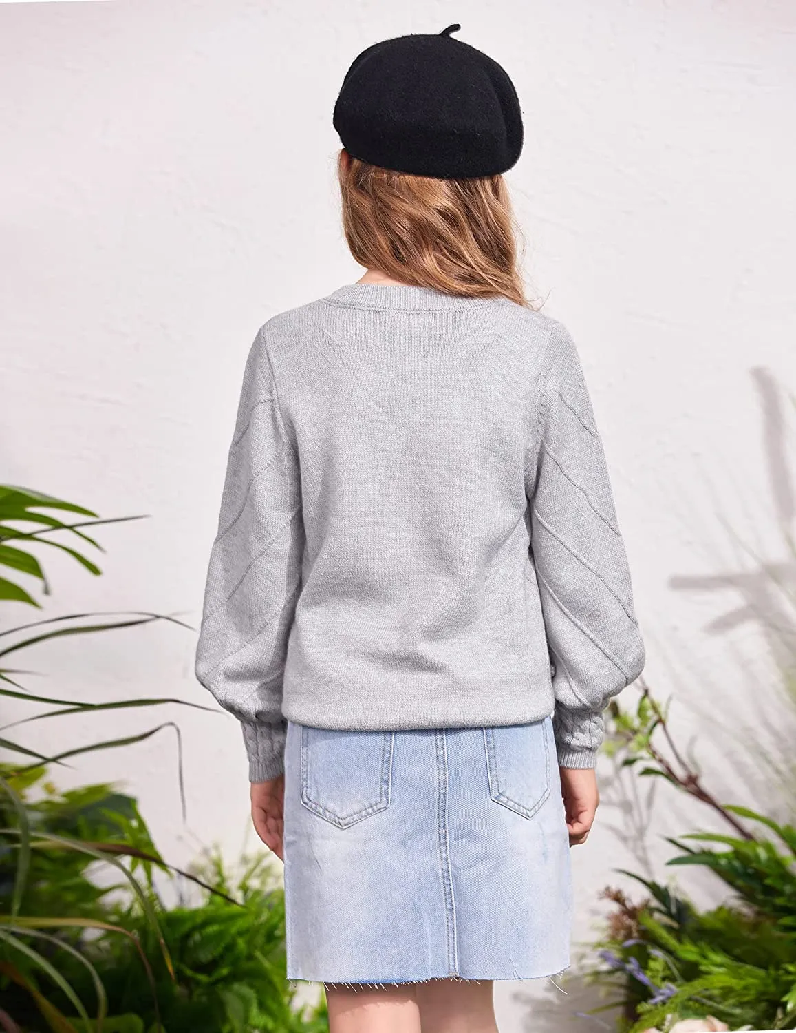 Arshiner Kid Girls Crew Neck Lantern Sleeve Sweater Jumper