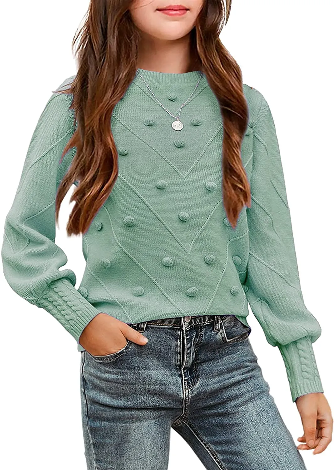 Arshiner Kid Girls Crew Neck Lantern Sleeve Sweater Jumper