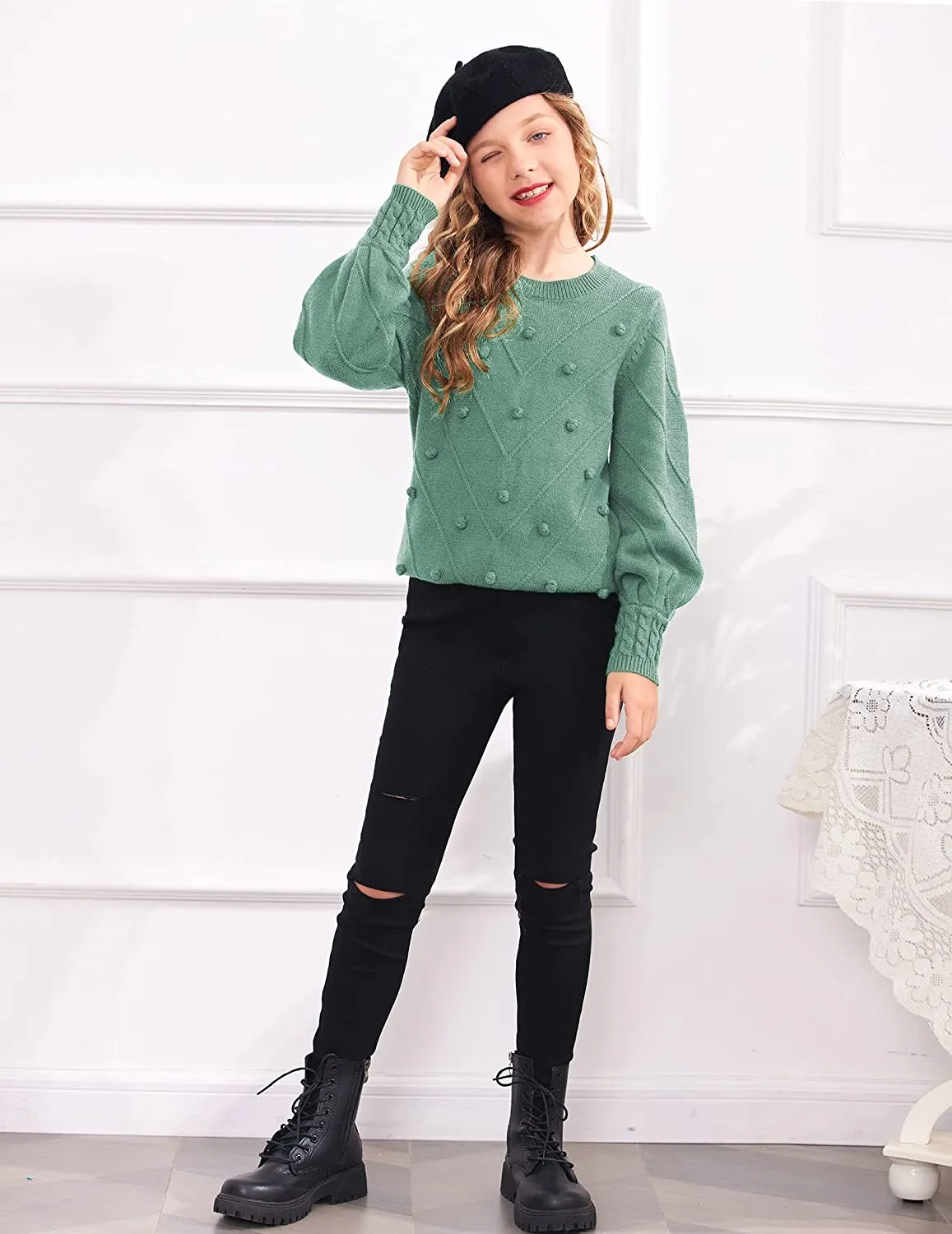 Arshiner Kid Girls Crew Neck Lantern Sleeve Sweater Jumper
