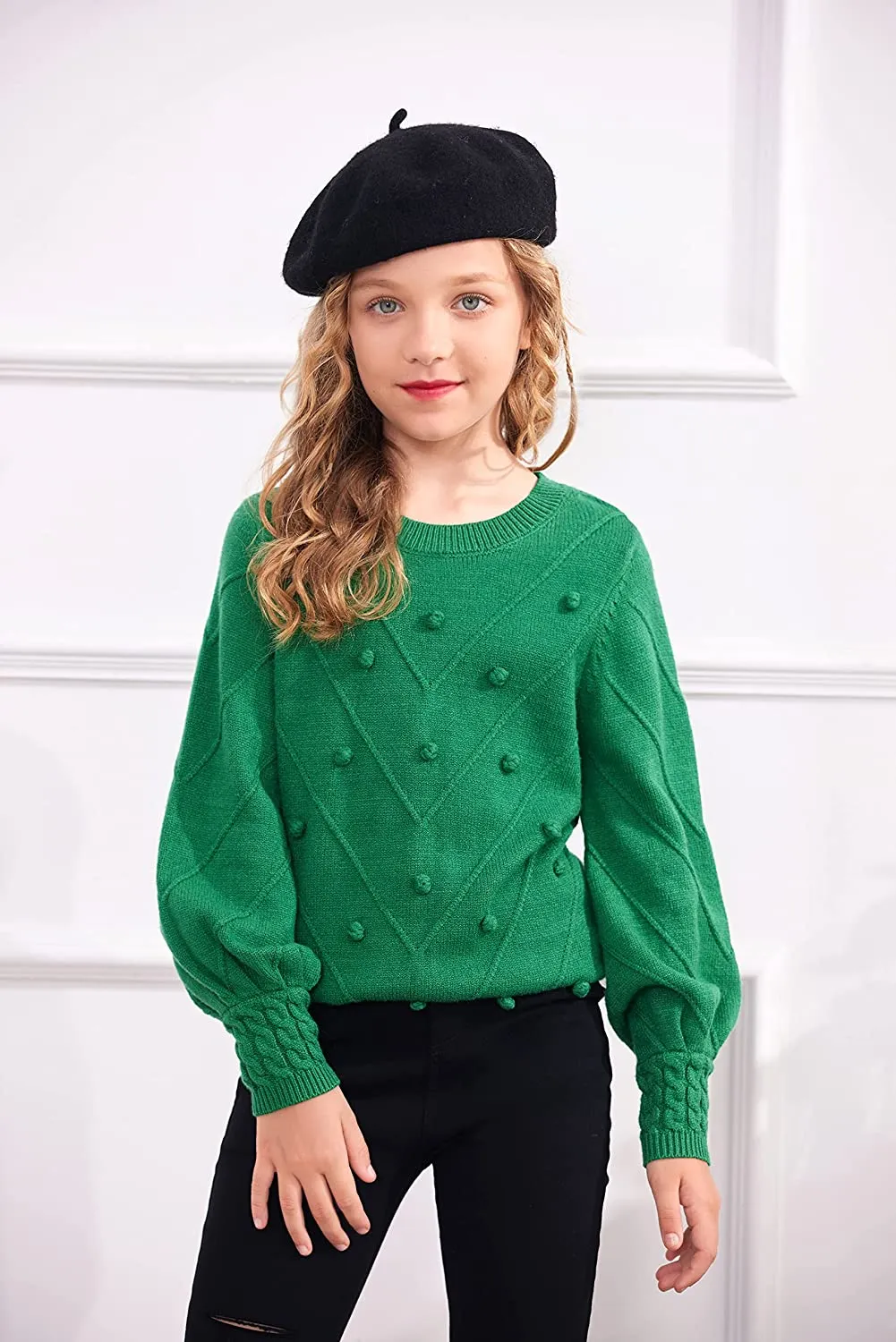 Arshiner Kid Girls Crew Neck Lantern Sleeve Sweater Jumper