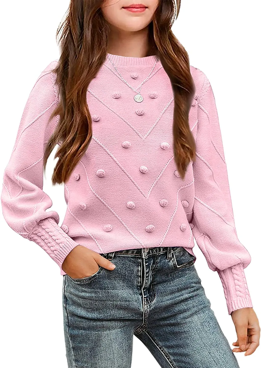 Arshiner Kid Girls Crew Neck Lantern Sleeve Sweater Jumper