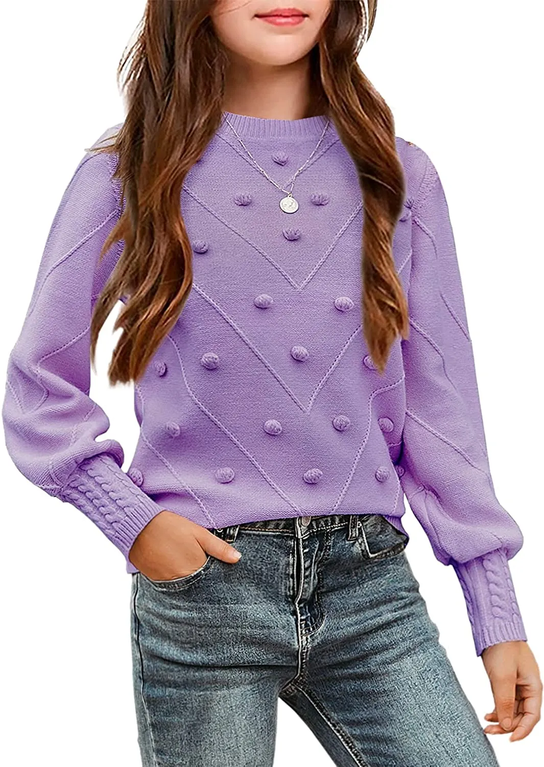 Arshiner Kid Girls Crew Neck Lantern Sleeve Sweater Jumper