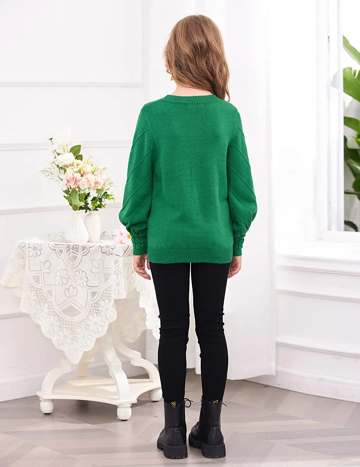 Arshiner Kid Girls Crew Neck Lantern Sleeve Sweater Jumper