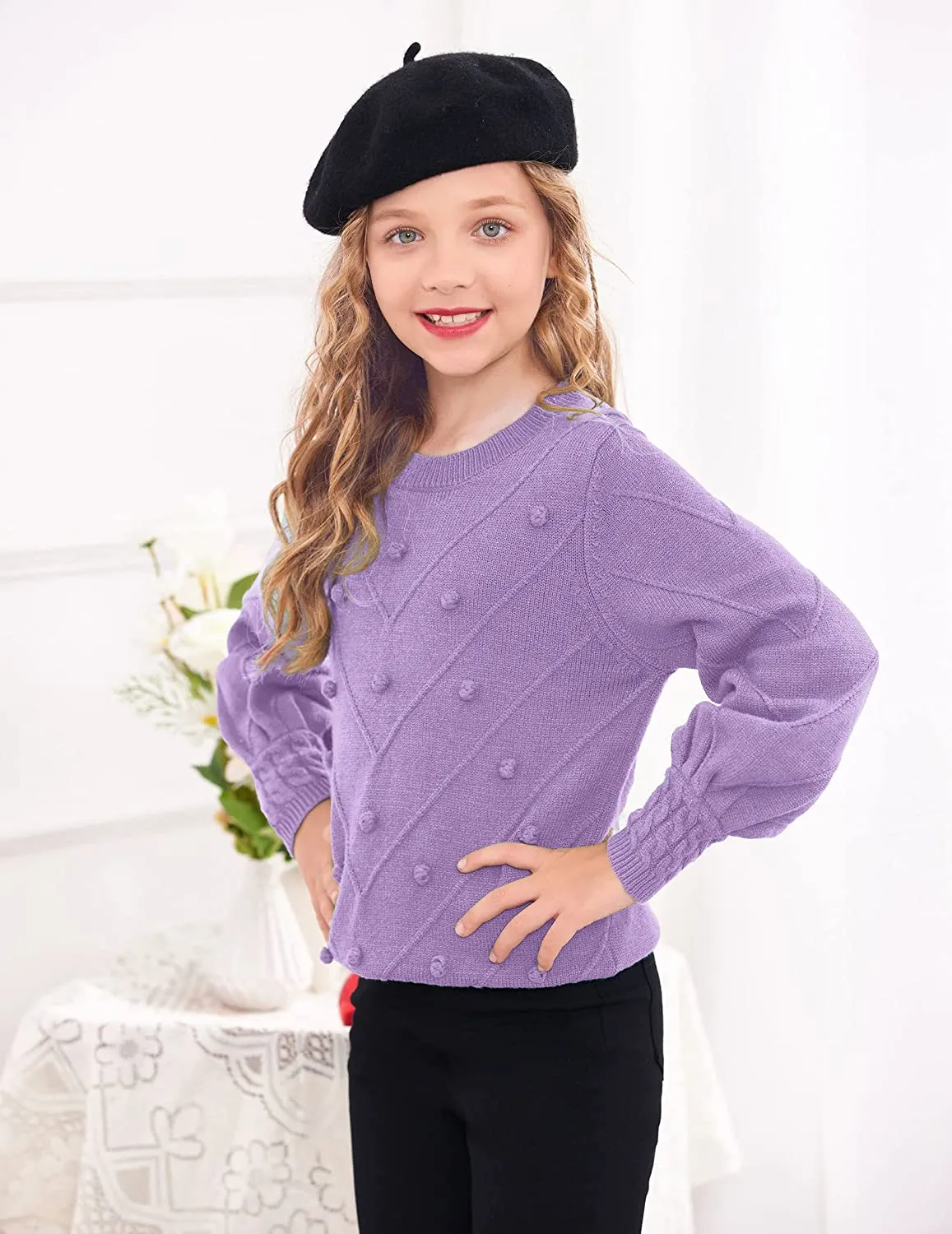 Arshiner Kid Girls Crew Neck Lantern Sleeve Sweater Jumper