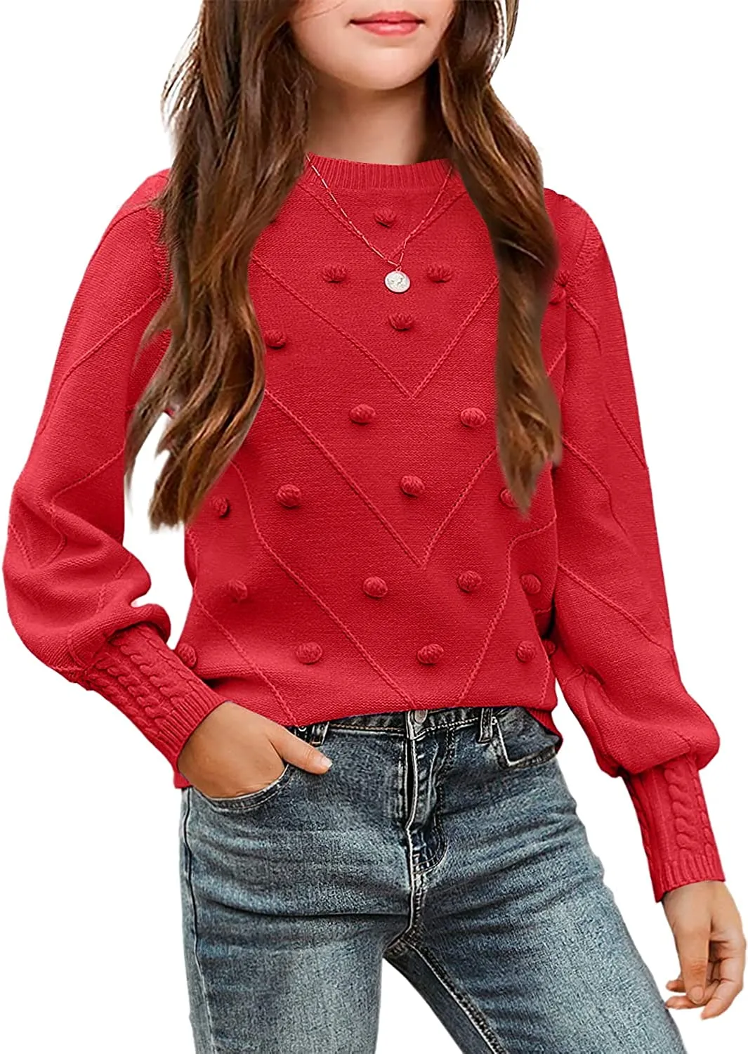 Arshiner Kid Girls Crew Neck Lantern Sleeve Sweater Jumper