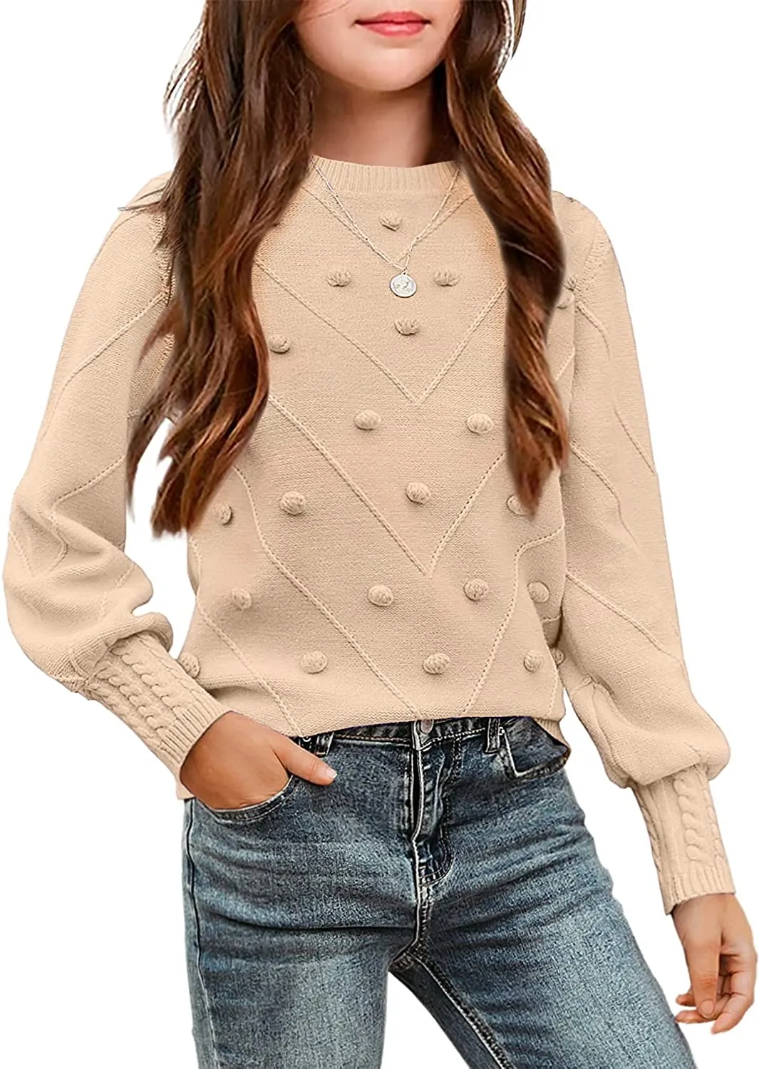 Arshiner Kid Girls Crew Neck Lantern Sleeve Sweater Jumper