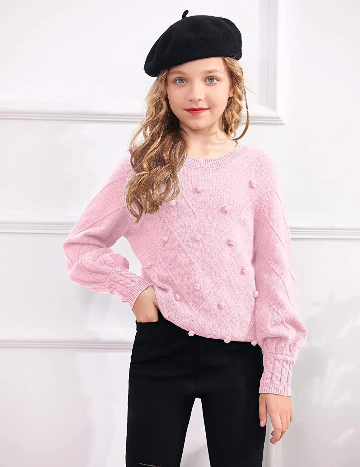 Arshiner Kid Girls Crew Neck Lantern Sleeve Sweater Jumper