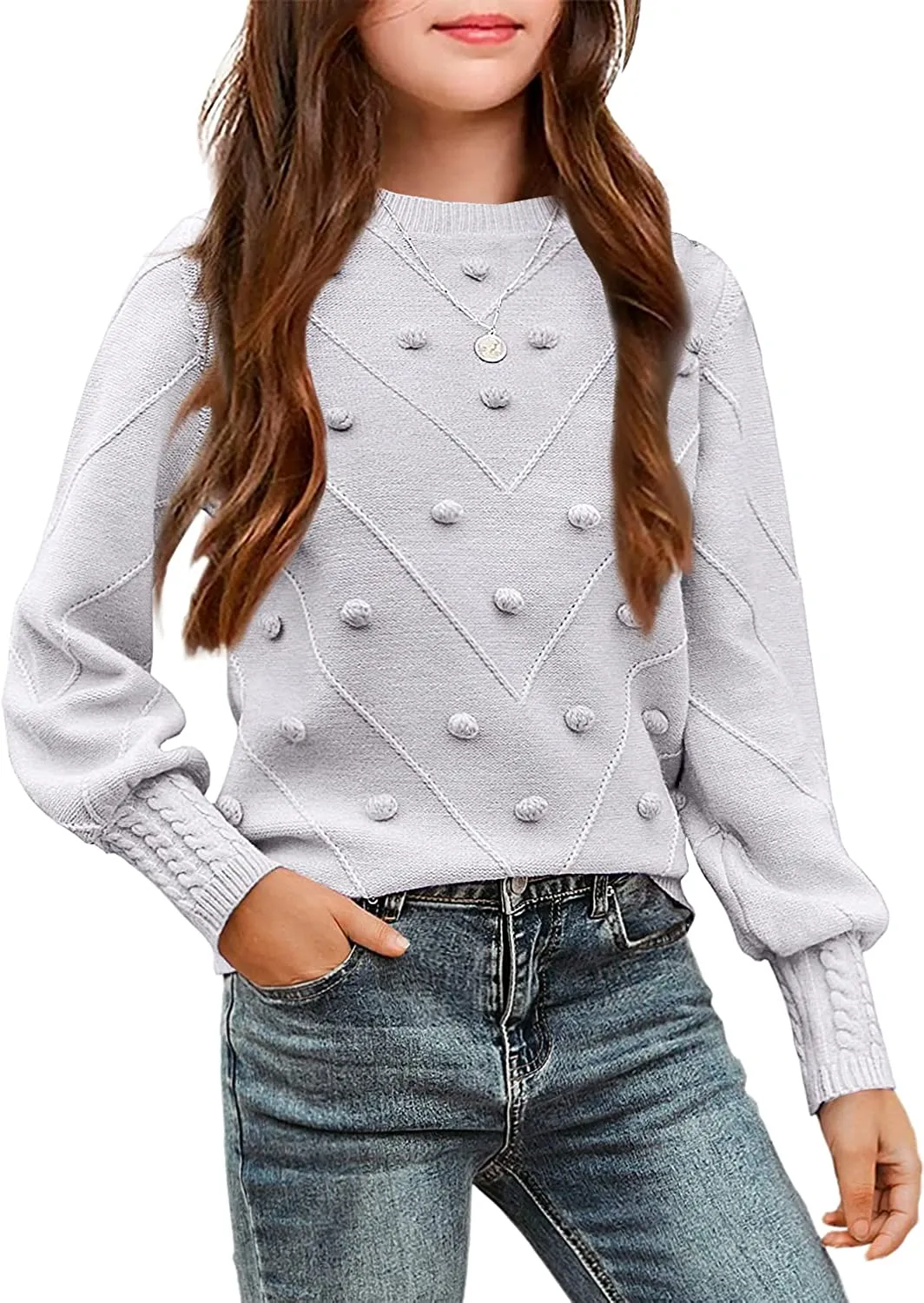 Arshiner Kid Girls Crew Neck Lantern Sleeve Sweater Jumper