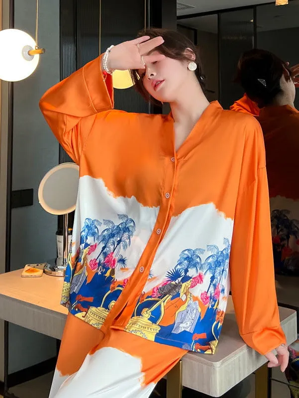 Ashore Shop NEW Womens in home Matching Pajamas Set Luxury Orange Coconut Print Sleepwear
