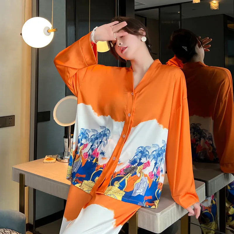 Ashore Shop NEW Womens in home Matching Pajamas Set Luxury Orange Coconut Print Sleepwear