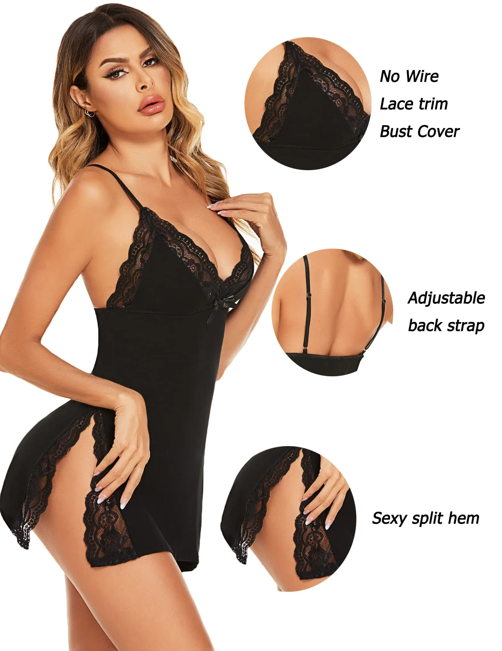 Avidlove Women's Sleepwear Modal Nightgown Full Slip Dress Lace Chemise Lingerie Babydoll Lingerie for Women Black XL