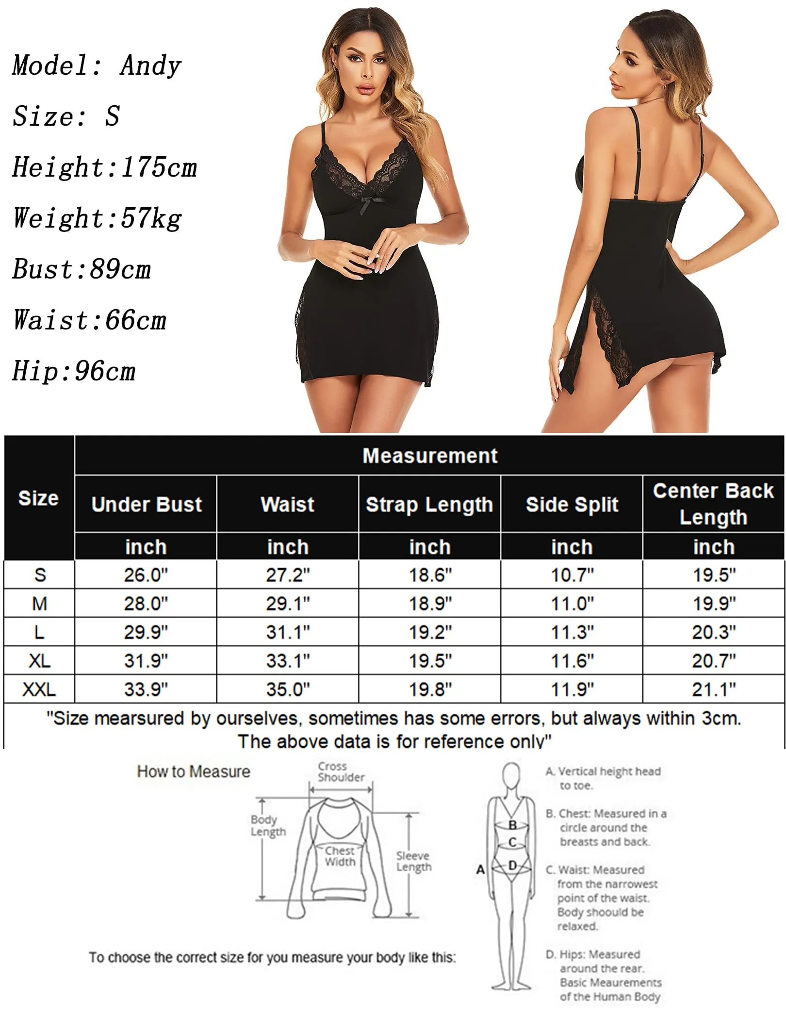 Avidlove Women's Sleepwear Modal Nightgown Full Slip Dress Lace Chemise Lingerie Babydoll Lingerie for Women Black XL