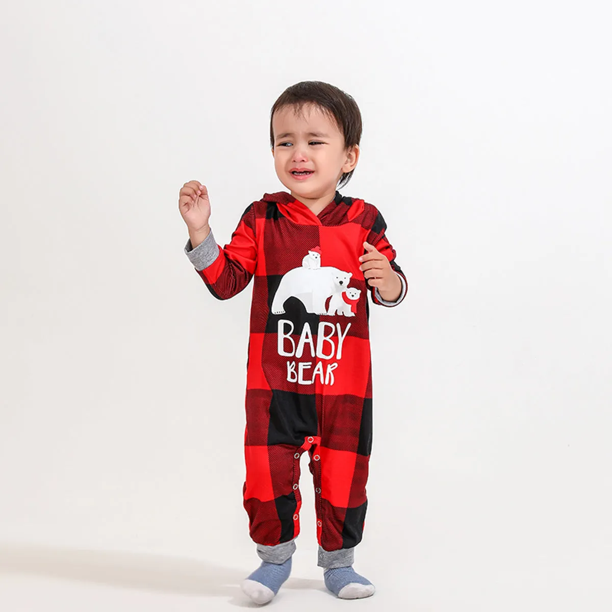 BABY BEAR Graphic Plaid Hooded Jumpsuit