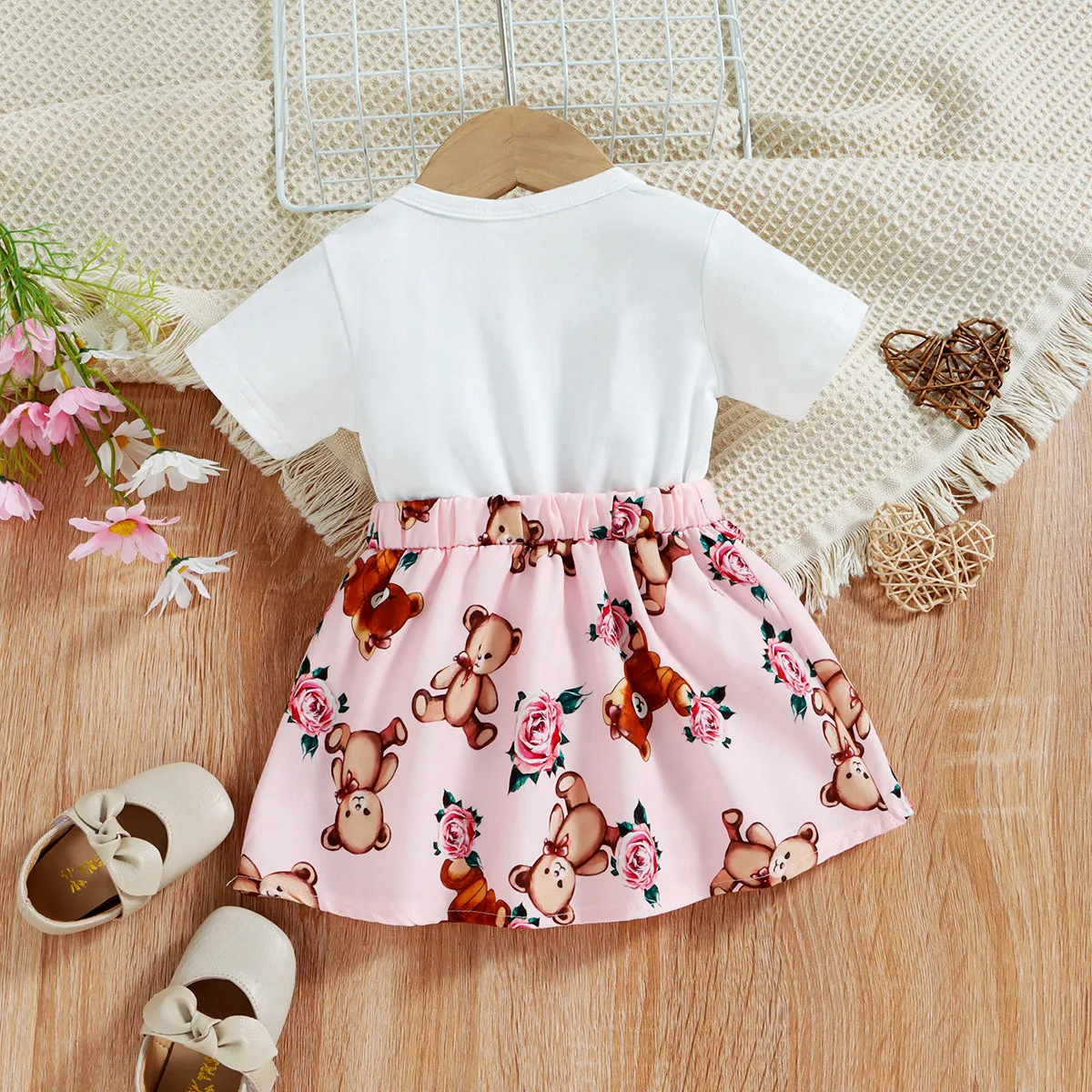 Baby Girl 100% Cotton Short-sleeve Cartoon Bear Faux-two Suspender Dress