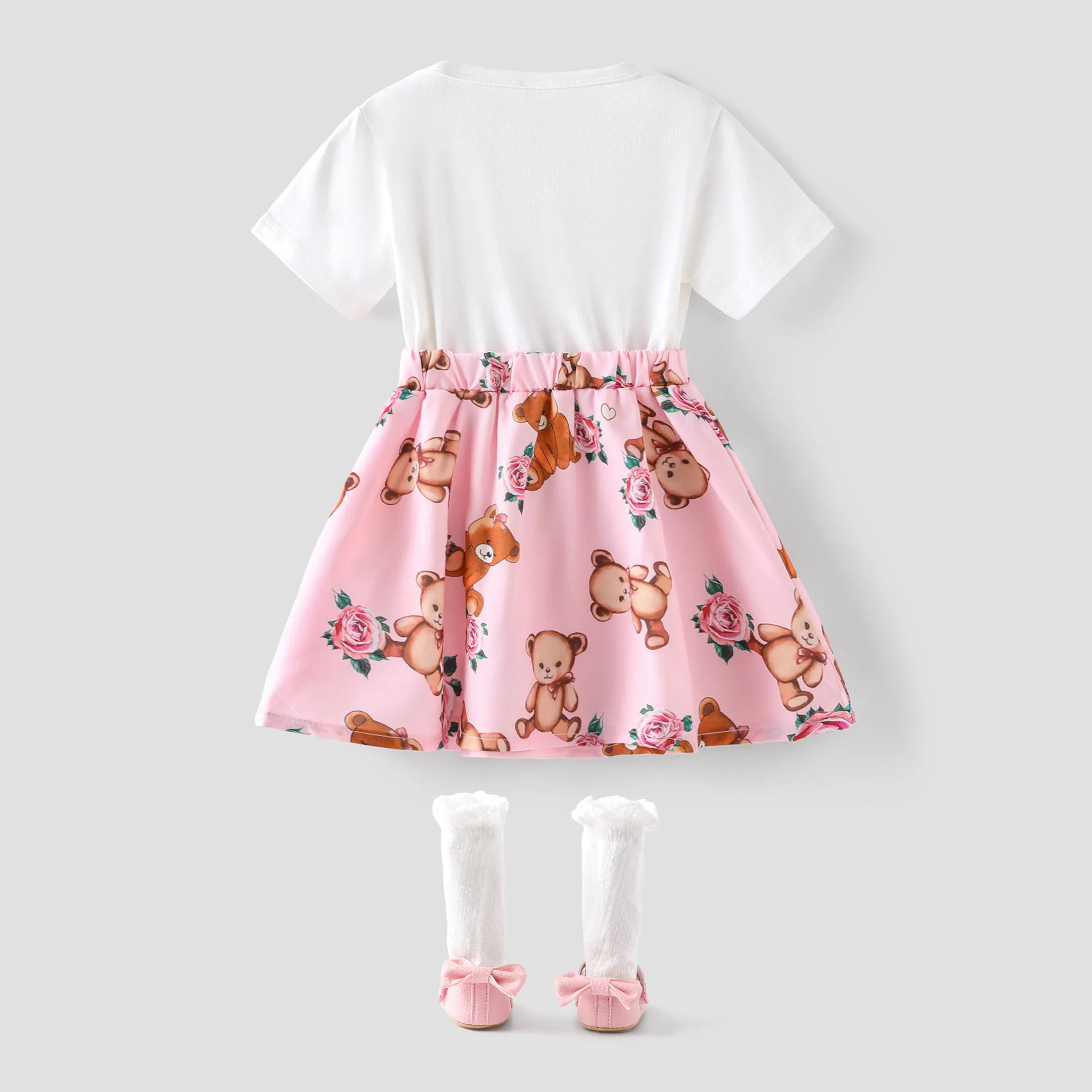 Baby Girl 100% Cotton Short-sleeve Cartoon Bear Faux-two Suspender Dress