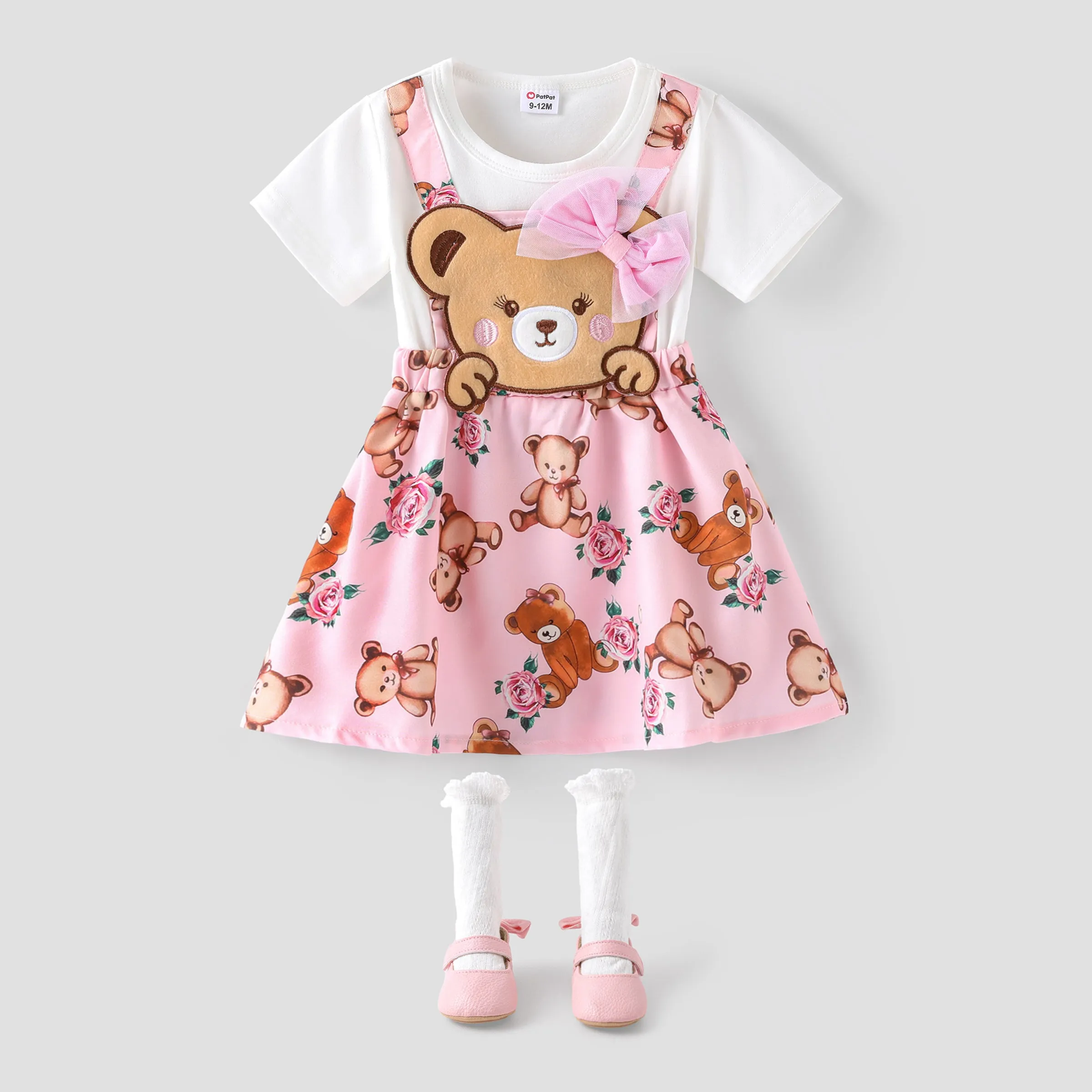 Baby Girl 100% Cotton Short-sleeve Cartoon Bear Faux-two Suspender Dress