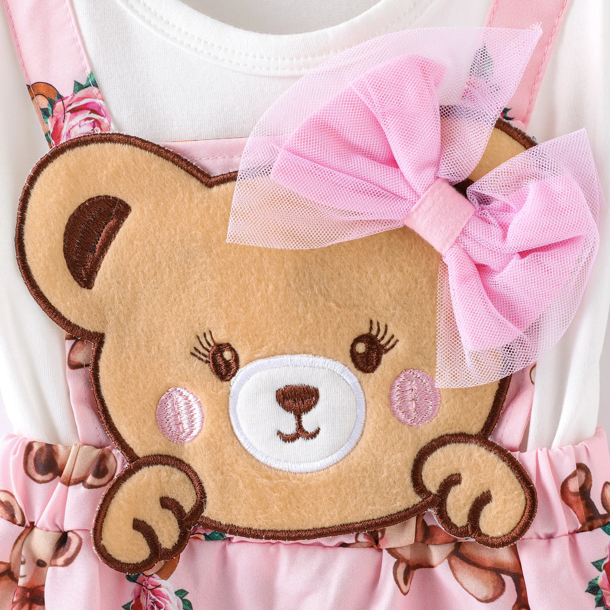Baby Girl 100% Cotton Short-sleeve Cartoon Bear Faux-two Suspender Dress