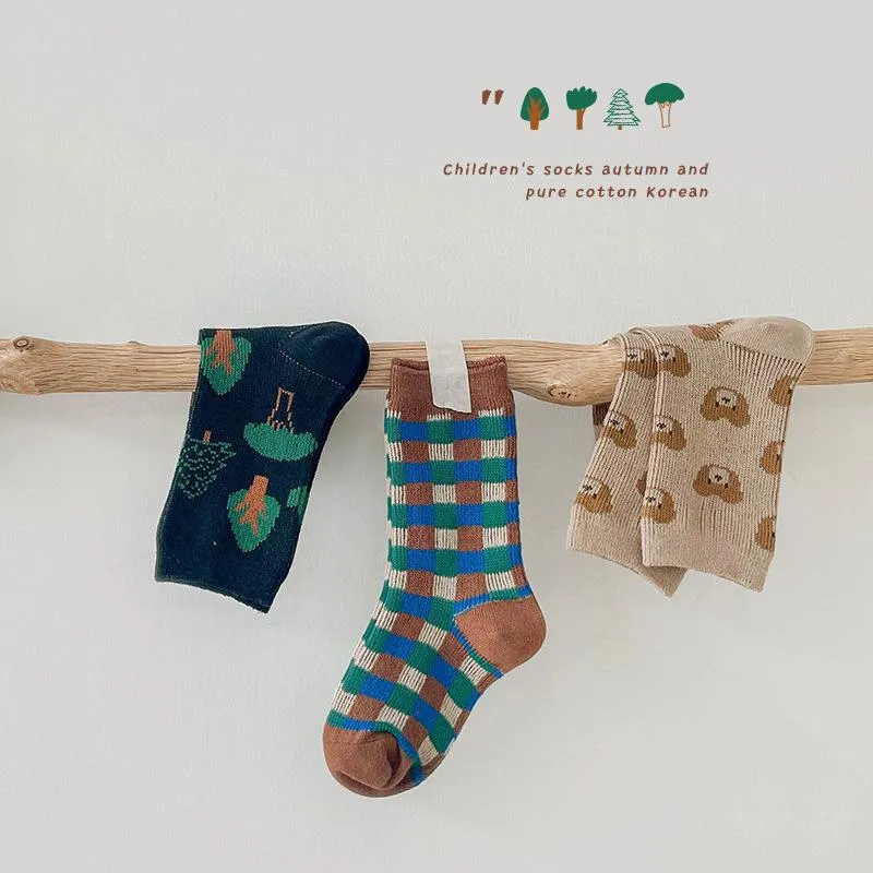 Baby spring and autumn bear plaid baby socks combed cotton socks