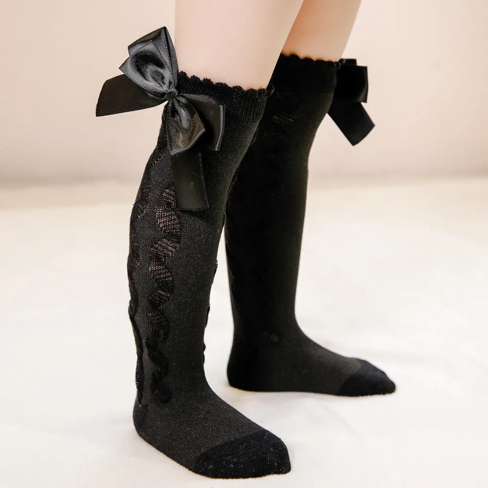 Baby Toddlers Knee-High Socks With Big Bow Design Cotton Stockings