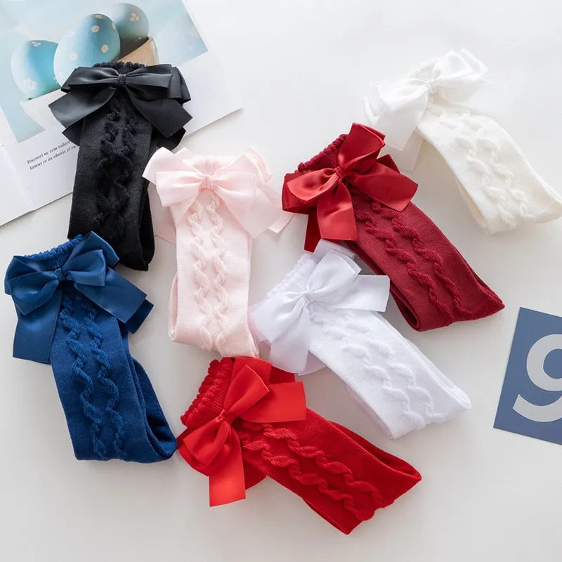 Baby Toddlers Knee-High Socks With Big Bow Design Cotton Stockings
