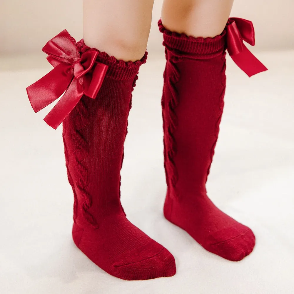 Baby Toddlers Knee-High Socks With Big Bow Design Cotton Stockings