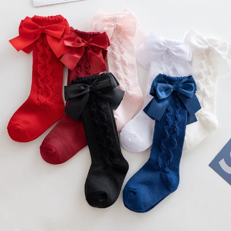Baby Toddlers Knee-High Socks With Big Bow Design Cotton Stockings