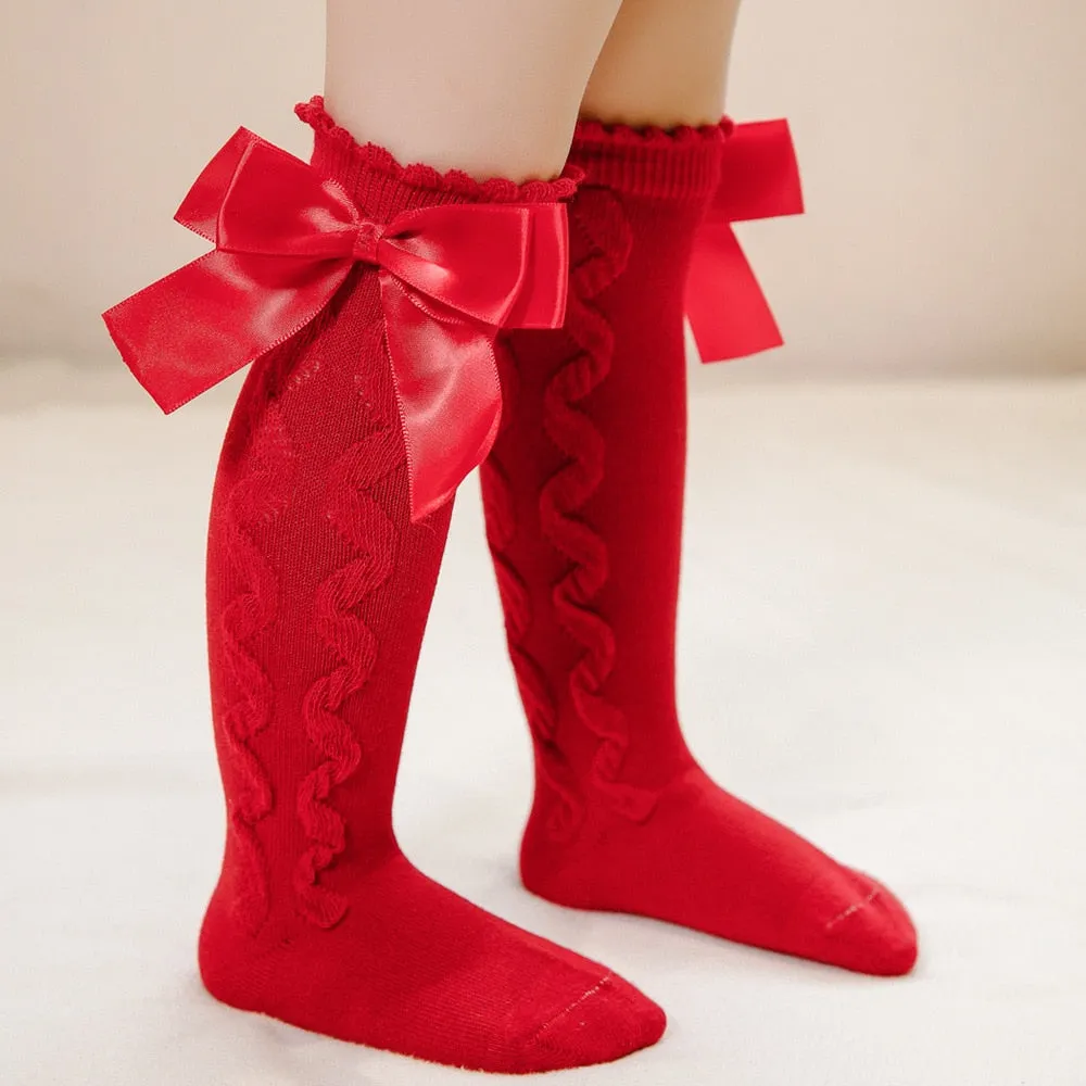 Baby Toddlers Knee-High Socks With Big Bow Design Cotton Stockings