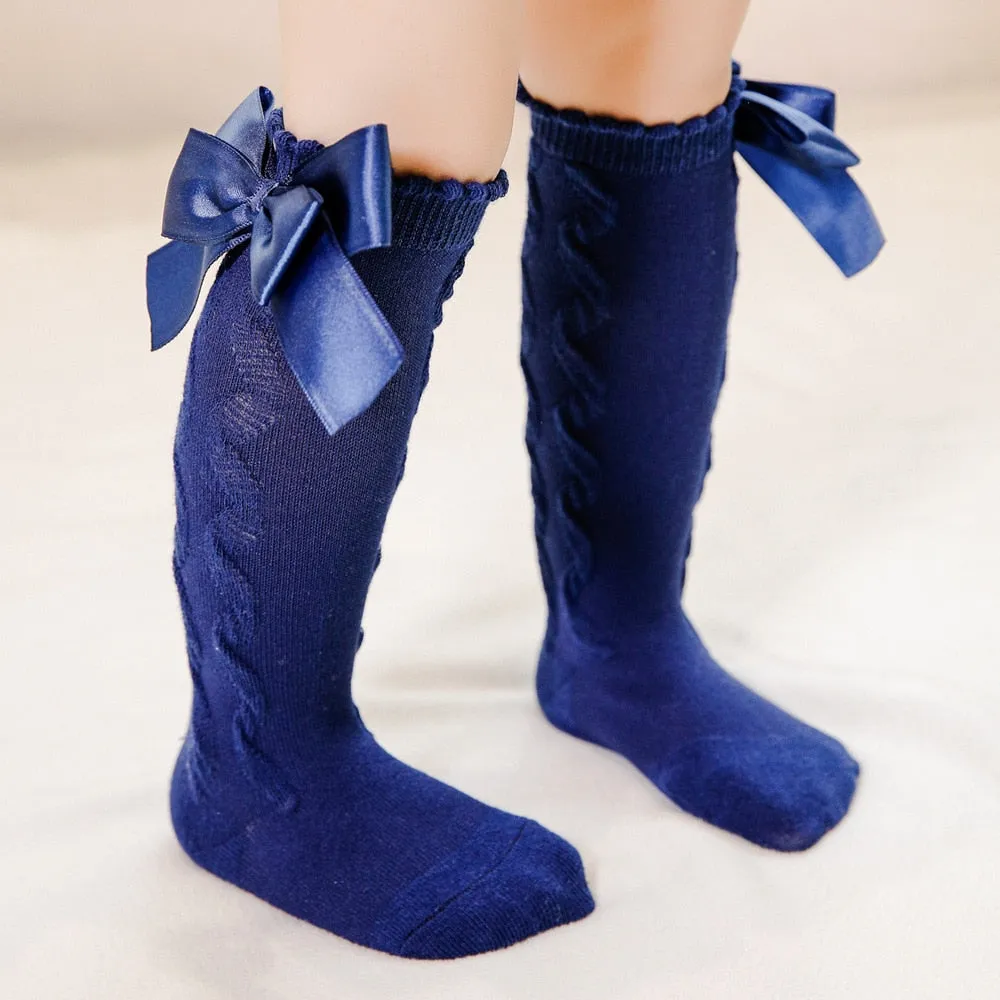 Baby Toddlers Knee-High Socks With Big Bow Design Cotton Stockings