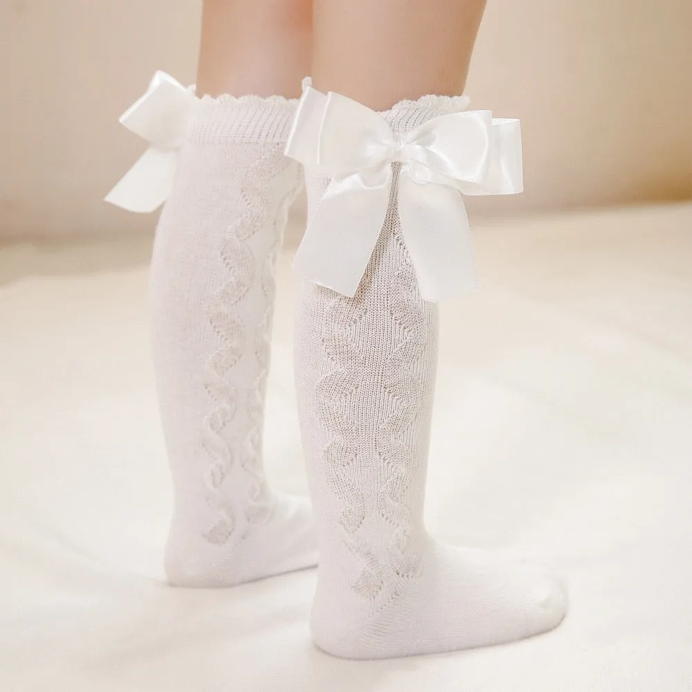 Baby Toddlers Knee-High Socks With Big Bow Design Cotton Stockings