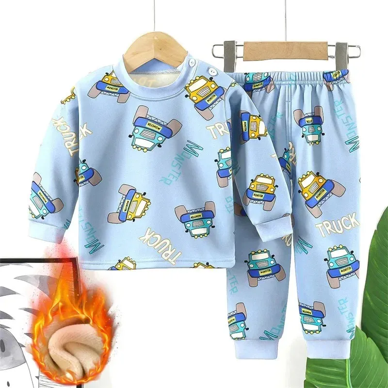 Baby/Kids Thick Warm Cartoon Print Pajamas Set