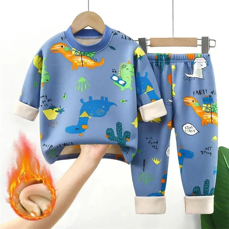 Baby/Kids Thick Warm Cartoon Print Pajamas Set