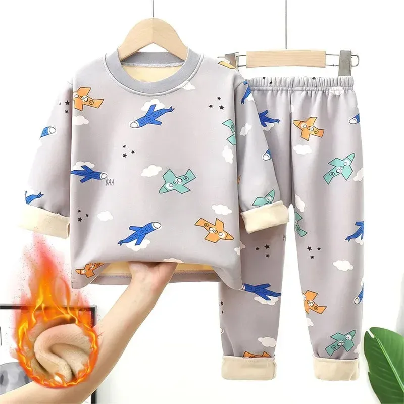 Baby/Kids Thick Warm Cartoon Print Pajamas Set