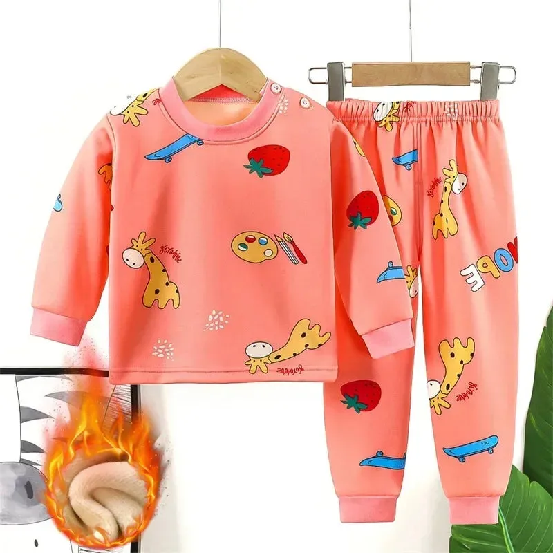 Baby/Kids Thick Warm Cartoon Print Pajamas Set
