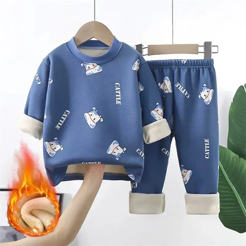 Baby/Kids Thick Warm Cartoon Print Pajamas Set