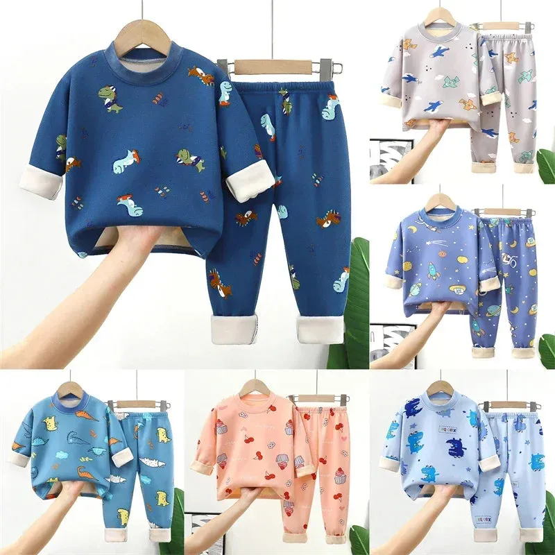 Baby/Kids Thick Warm Cartoon Print Pajamas Set